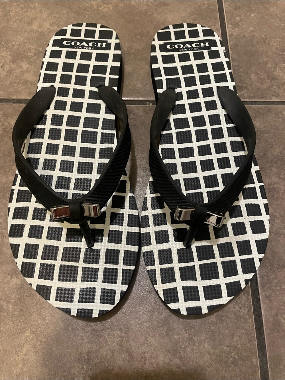 Coach Black & White Grid Logo Flip Flops